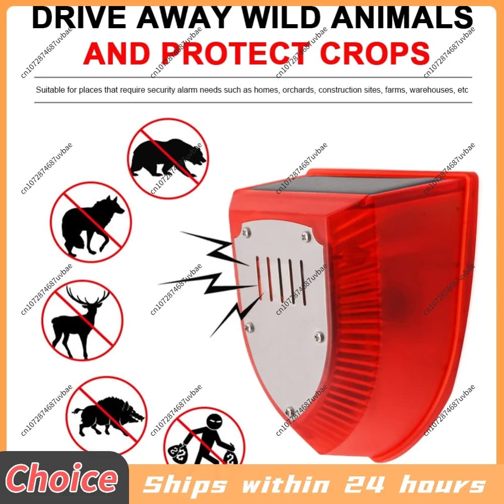 Solar Motion Sensor Animal Repeller with Sound Alarm Dog Barking Gunshot Red Blue Flash Light for Outdoor Farm Garden Security