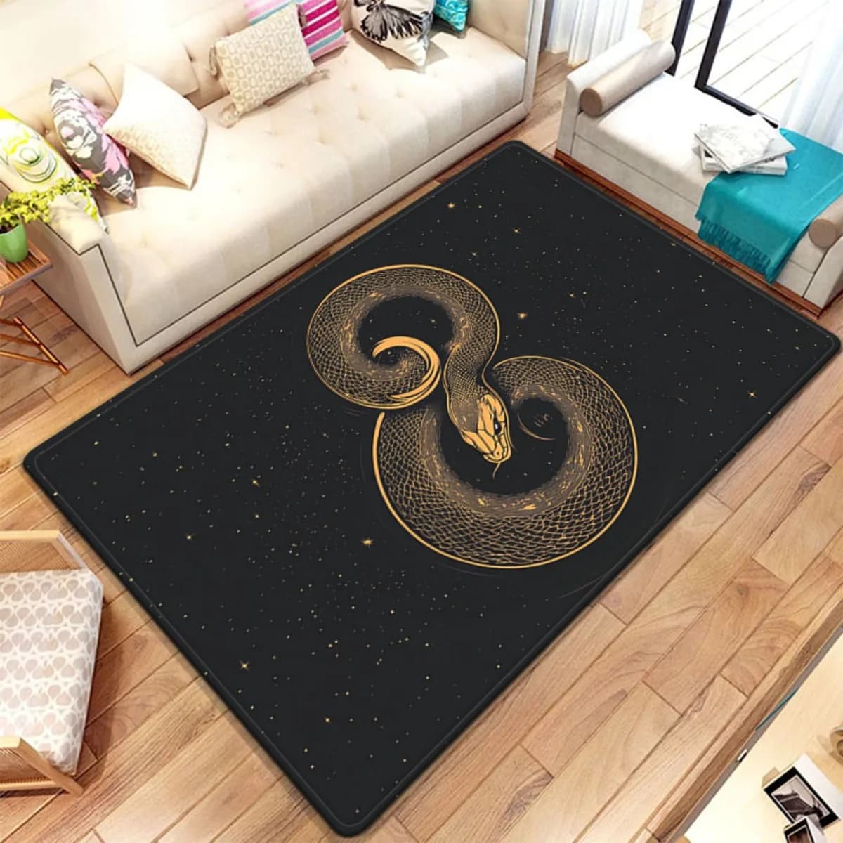 Tappeto d'ingresso con motivo serpente dorato su sfondo nero, base in gomma, poliestere, 60x90 cm, per la casa