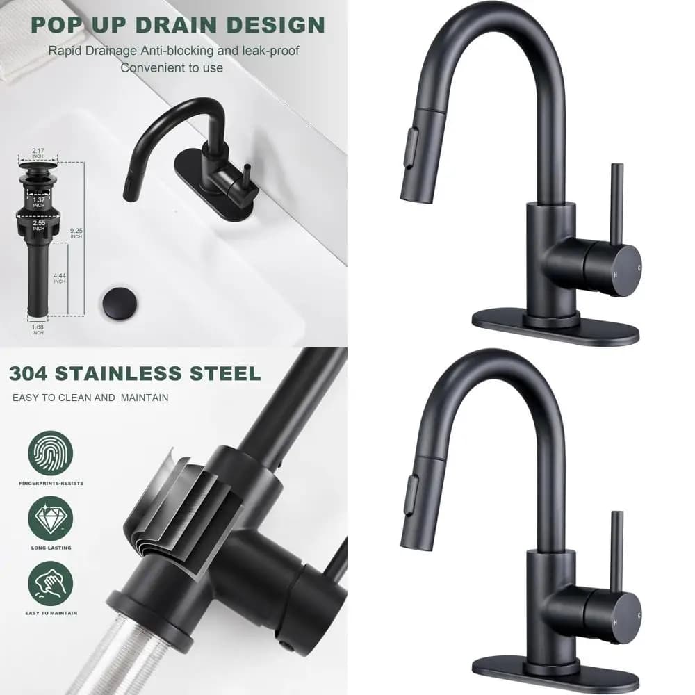 Wash basin faucet with black opaque pull-out bar with pop-up drain and blanket plate