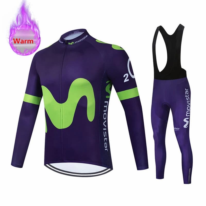 Cycling sweater in thermal fleece Movistar Racing Set shorts with bicycle straps Bike clothing Ropa Maillot Cycling Hombre Bike Kit