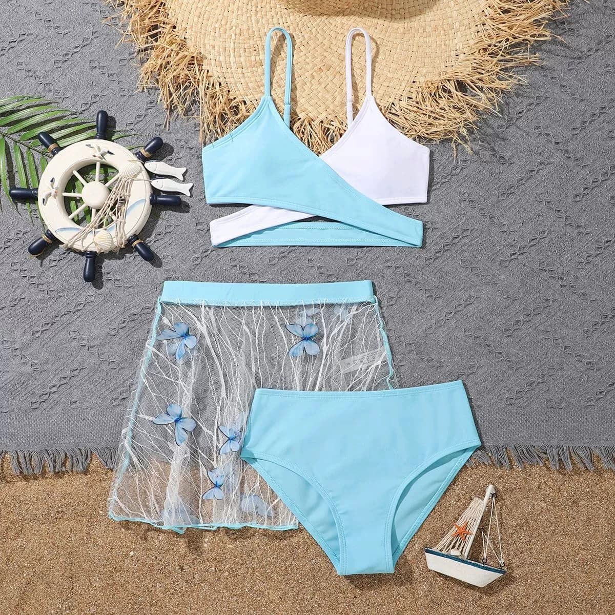 High waist swimsuit 3 pieces for girls 2026, with beach skirt, for children and boys