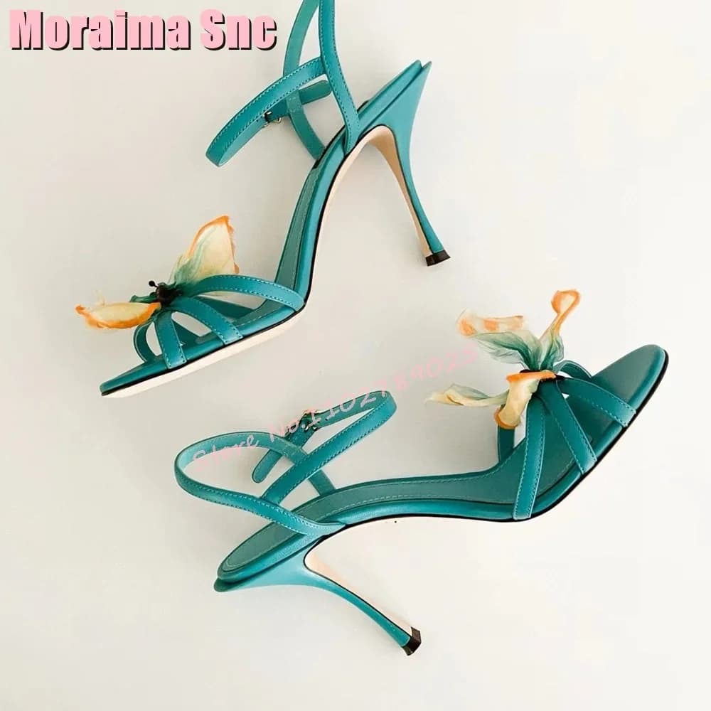 Butterfly Flower Round Open Toe Sandals Stiletto High Heel Ankle Buckle Strap Fashion Sexy Women's Shoes Summer Banquet Party