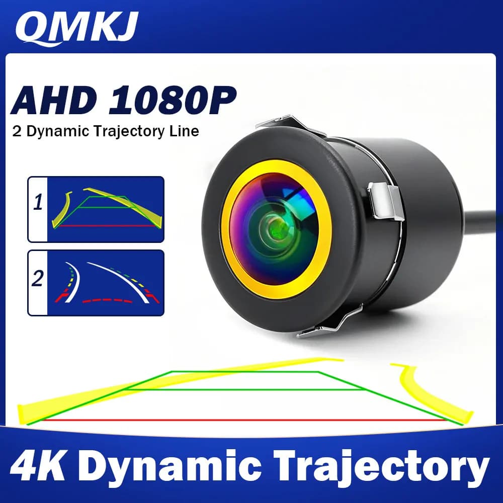 QMKJ Visione notturna AHD 1080P Traiettoria dinamica intelligente Telecamera posteriore per auto 180 gradi con 2 linee di parcheggio per radio MP5 DVD