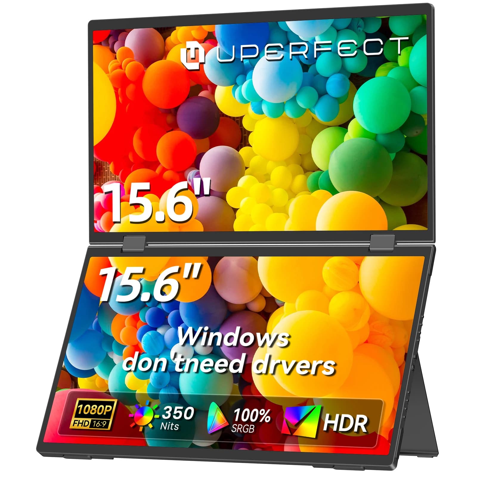 UPERFECT 15.6" FHD Dual Portable Monitor All-in-One Foldable & Stackable Design 360° Screen Adjustment & 120° Stand USB-C HDMI