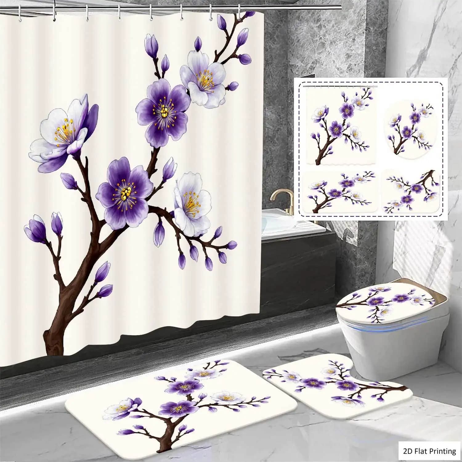 2D Flat, 4pcs Shower Curtain Set, Plum Blossom Branches with Purple And White Flowers Theme, 4pcs Include: Shower Curtain, Non Slip Bath Mat, U-Shape Mat and Toilet Lid Cover, Home Bathroom Accessories, Festival Decor, 2D Flat