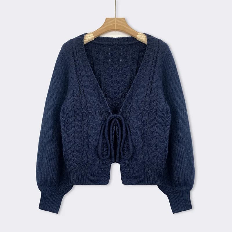 V Neck Cable Knit Cropped Cardigan Front Self Tie Bow Long Puff Sleeve Solid Loose Casual Women Layering Outer Sweater 20260602