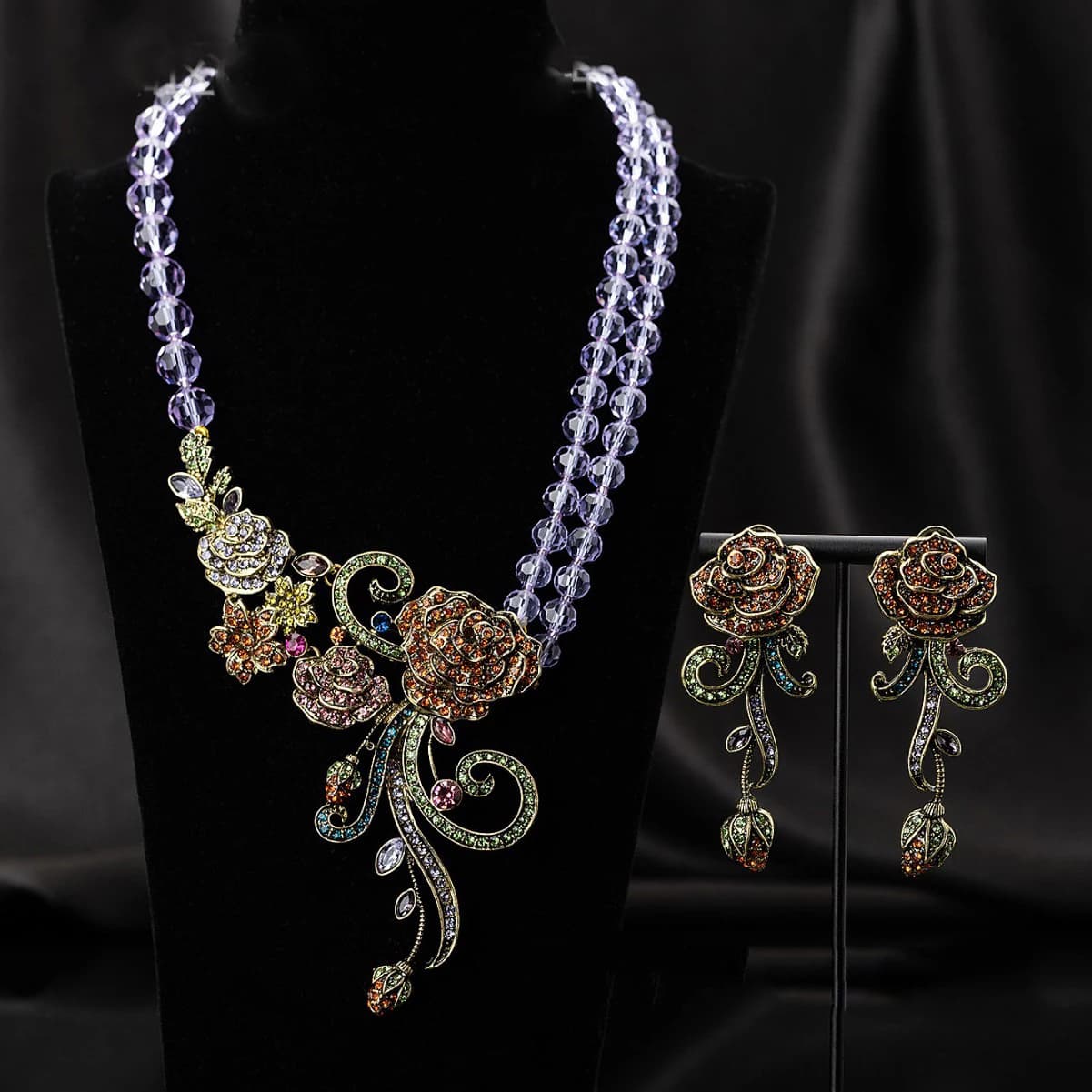 Orecchini vintage europei e americani con strass pieni di pietre preziose, fiori, rosa, set di gioielli eleganti per le donne, feste