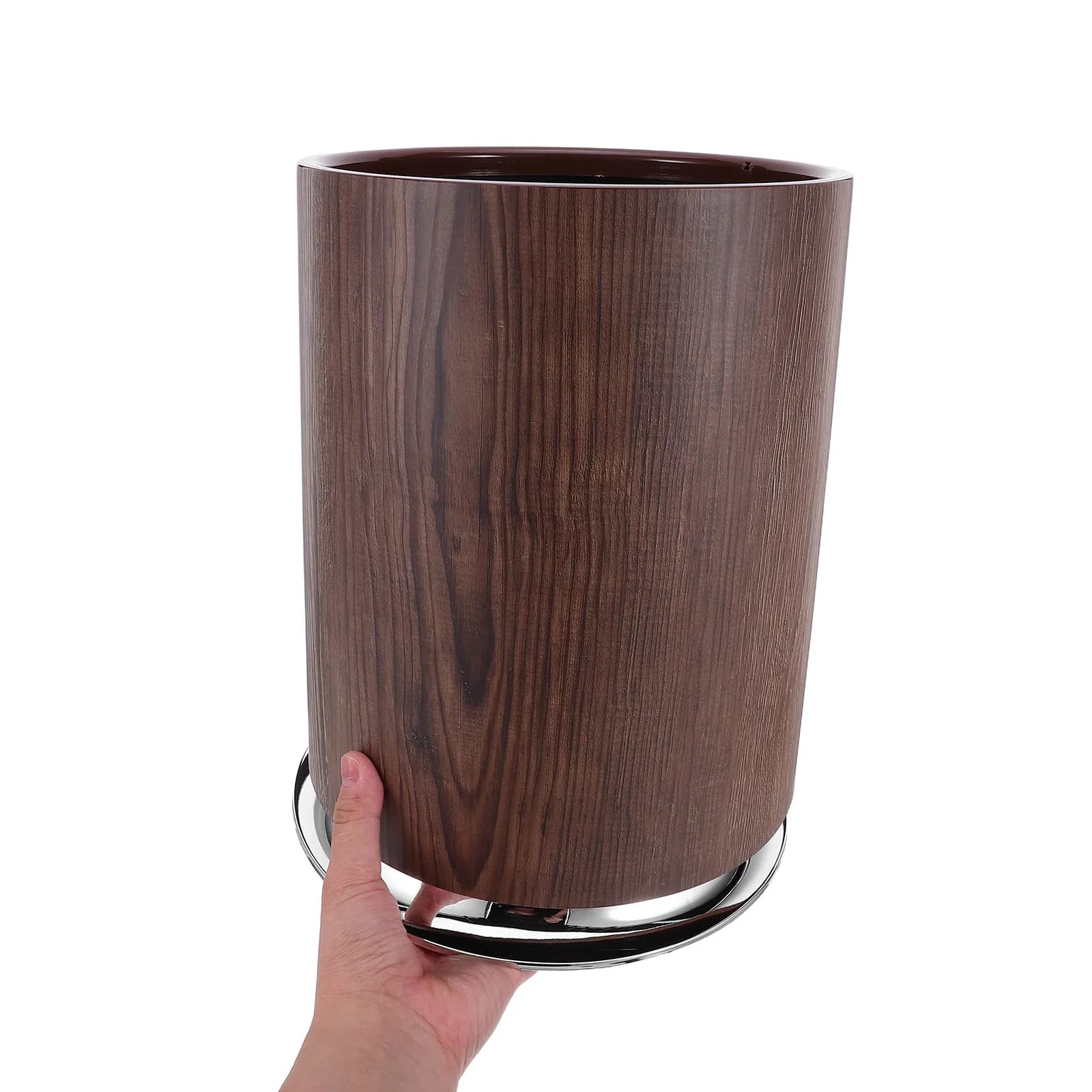 Cestino per rifiuti effetto legno marrone chiaro, rotondo, piccolo, per cucina, bagno, soggiorno, ufficio, contenitore per immondizia da interno.