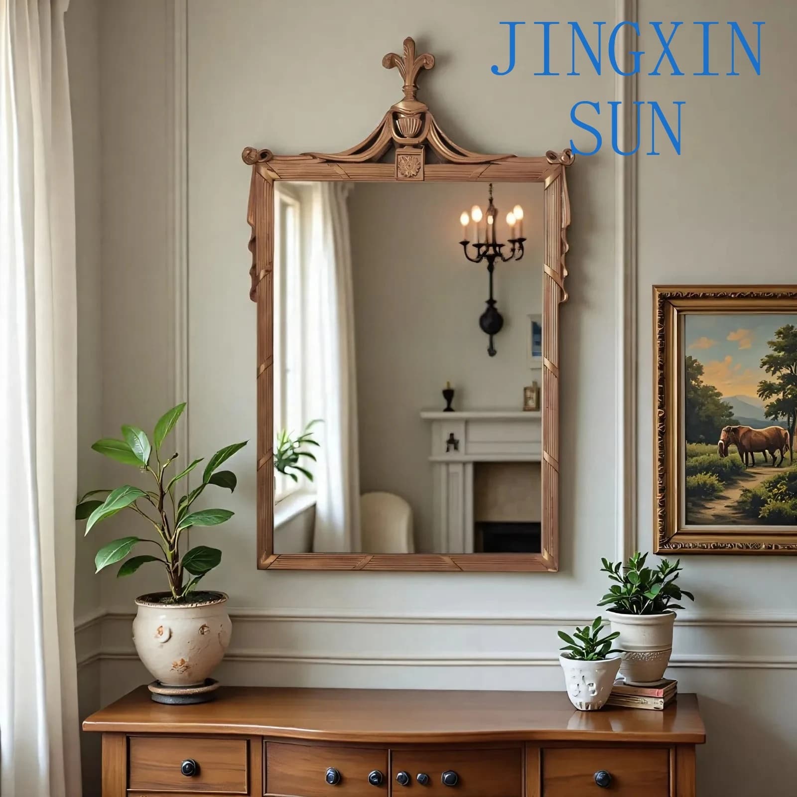 A16 Retro bathroom makeup mirror American carved wall-mounted mirror living room decorative mirror