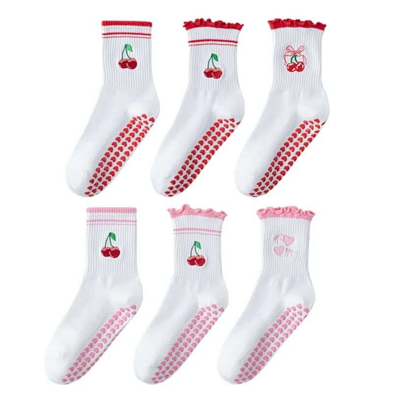1 pair, women's non-slip pylates socks, suitable for ballet, yoga, fitness and dance studios, design with cherry embroidery, cute n