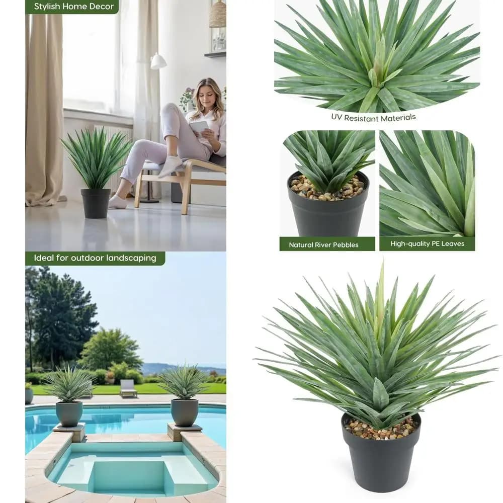 Large 22 inch high artificial agave plant with real stone pebbles for indoor and outdoor use