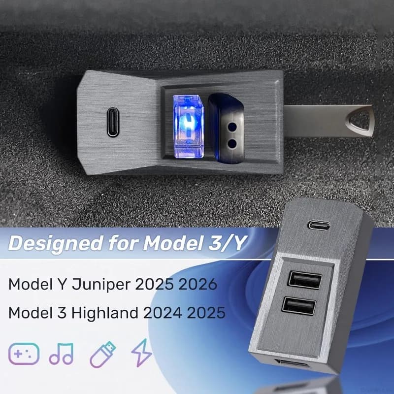 Hub USB per Vano Portaoggetti Auto con Porta Type-C, Splitter Digitale e Docking Station per Tesla Model Y/YL Launch Juniper 2025 e Model 3 Highland 24-26