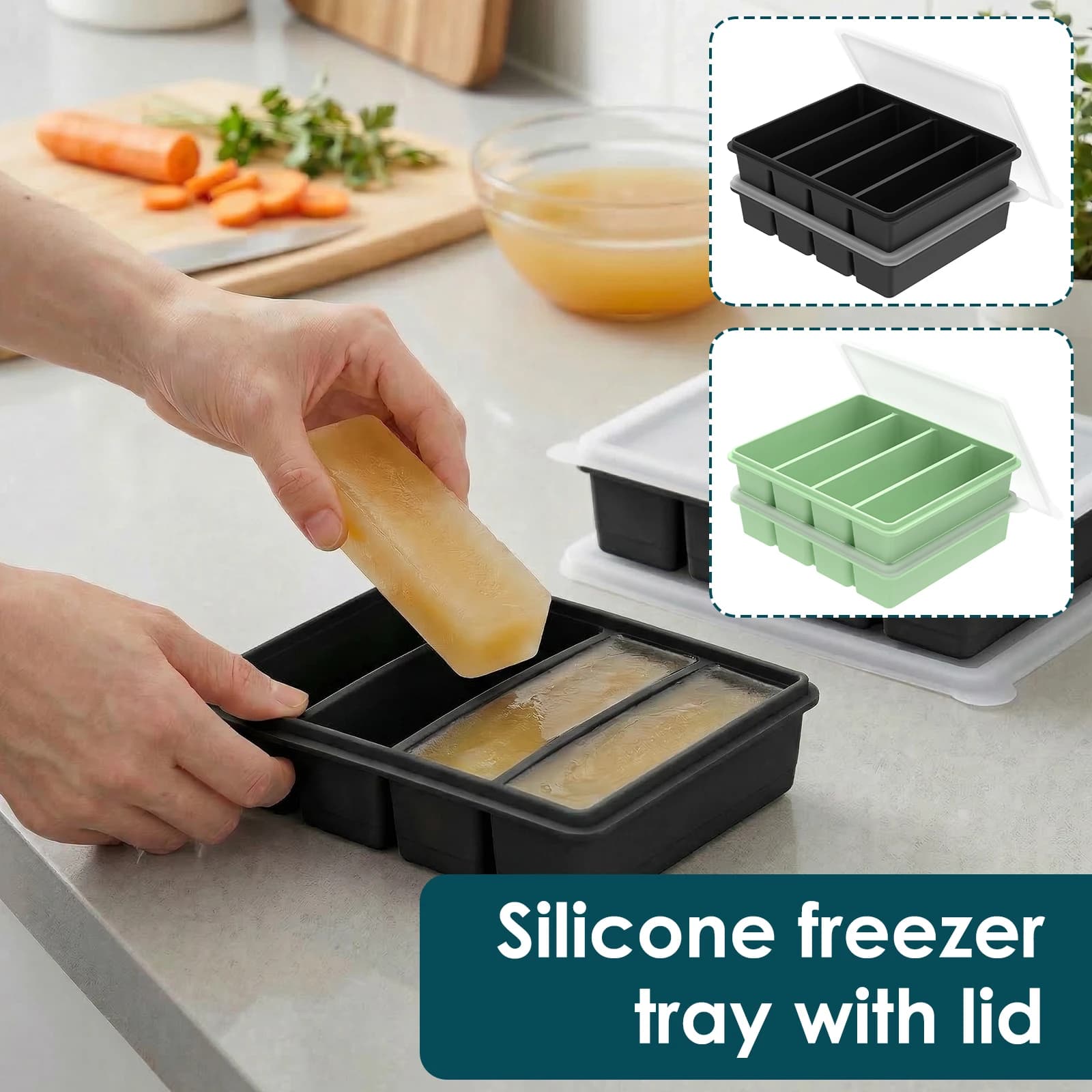 Set di 2 Vaschette in Silicone per Congelatore con Coperchio, Contenitore a 4 Scomparti per Zuppa, Stampo per Cubetti di Ghiaccio, per Preparazione Pasti e Congelamento Zuppe