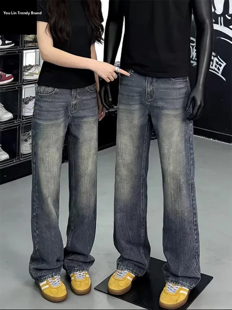 Jeans da Uomo a Gamba Dritta con Motivo Retro a Fulmini Blu, Stile Americano a Vita Alta, Pantaloni Casual a Vita Alta a Zampa d'Elefante