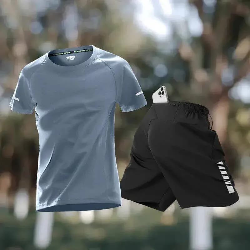 Tuta sportiva da uomo ad asciugatura rapida per corsa, fitness, allenamento. Abbigliamento da allenamento. Pantaloncini estivi in seta a maniche corte da uomo.