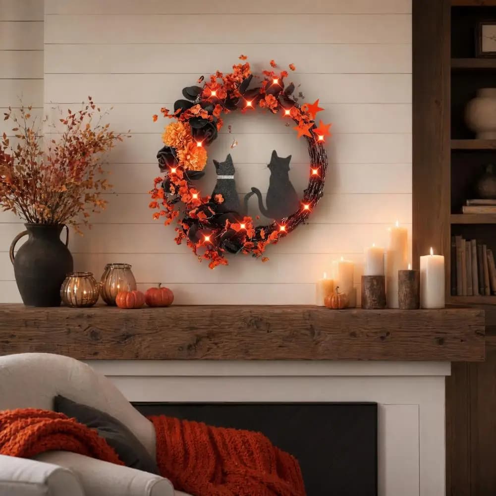 Halloween Floral Hanging Decoration Halloween Floral Garland with String Lights Black Cat Silhouette Wreath for Front for Door