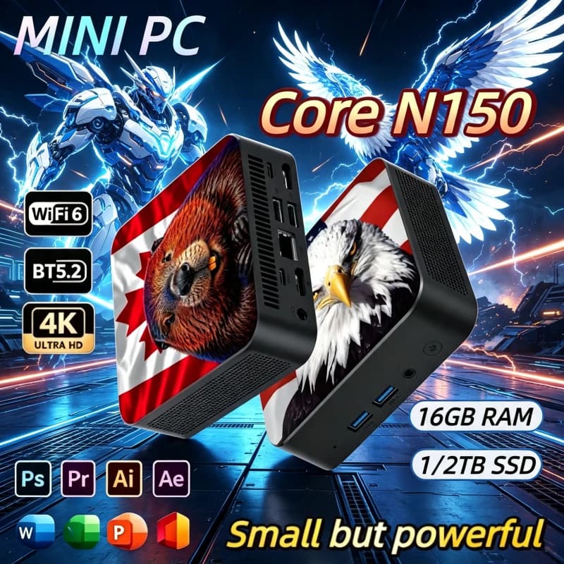 New 2026 USA Canada Flag Mini Desktop PC with Intel Core N150, 16GB RAM 2TB SSD WiFi6 BT5.2 4K HD Compact Design for Home Office