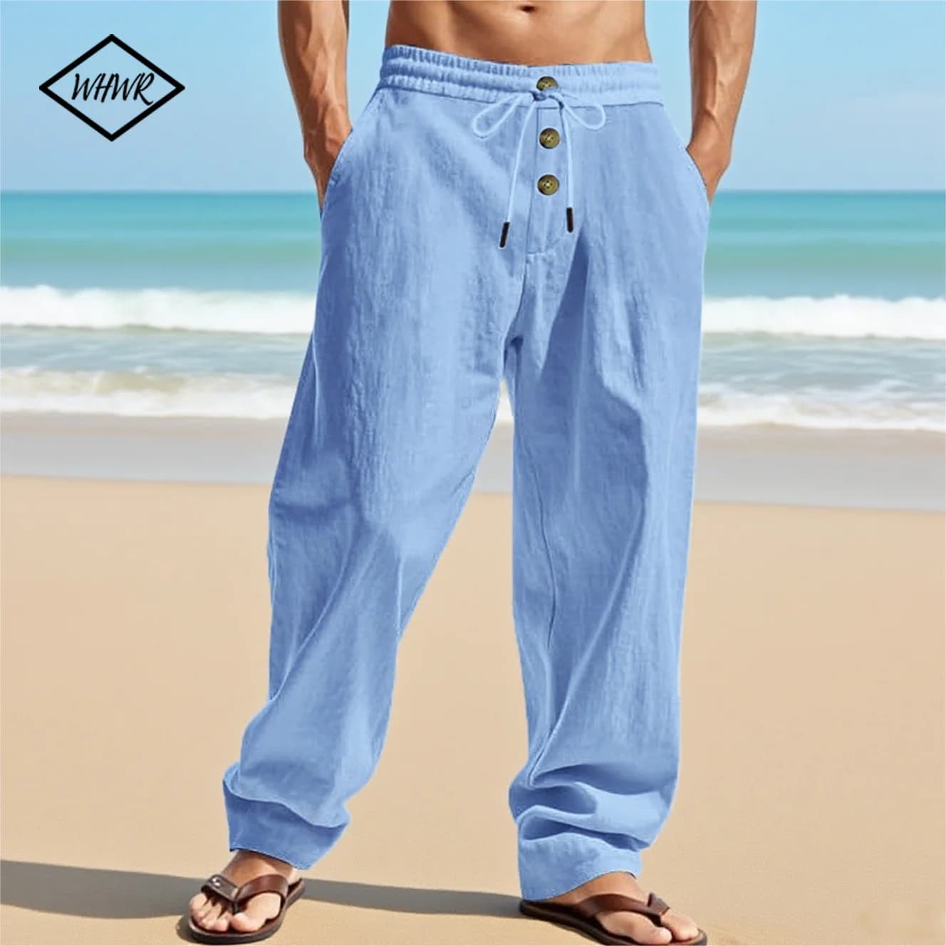 Pantaloni casual traspiranti da uomo Pantaloni estivi con bottoni in vita elastica tinta unita Pantaloni larghi da spiaggia leggeri a gamba larga