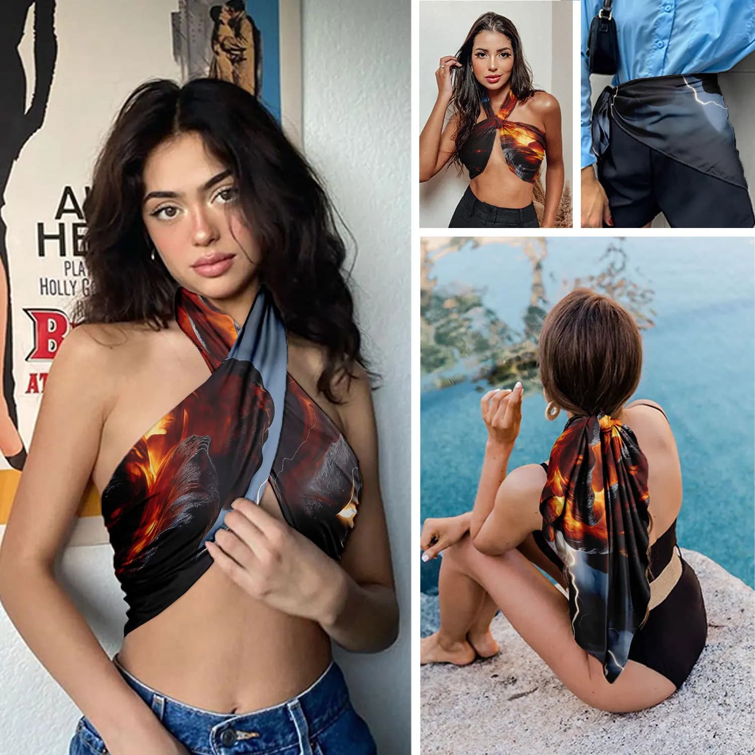 0887 Women's floral satin square scarf, soft silk-like texture headscarf, multi-purpose scarf to wrap headscarf