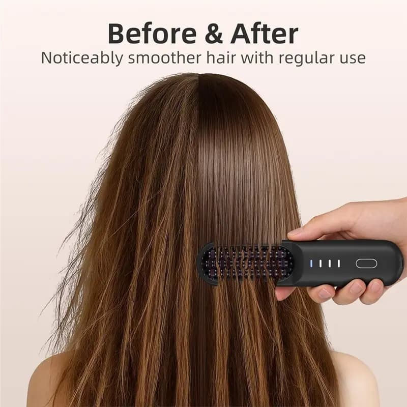 B51CNEW! USB Rechargeable Fast Heating Cordless Hair Straightener Brush, Mini Hot Comb, 4 Temperature Settings, Travel-Ready