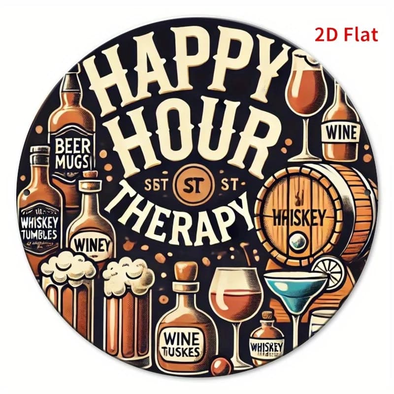 [2D Flat] 1 cartello in ferro Happy Hour - 7, 87x7, 87 pollici Stampa piatta 2D impermeabile e antipolvere con tazze di birra, bottiglie di vino
