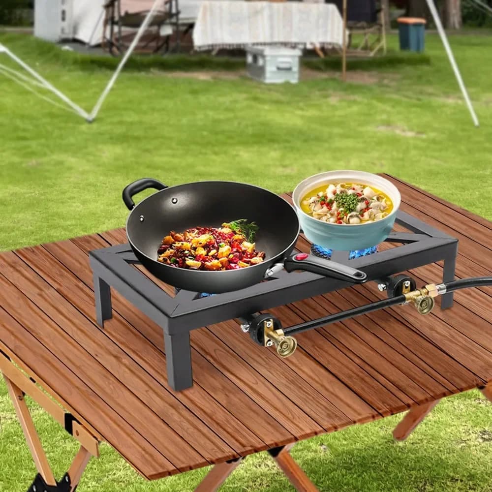 Gas cooker Double burner with regulator 0-10 PSI and Flexible Tube for Patio, Camping, BBQ, Craft Beer Production, Turkish Style