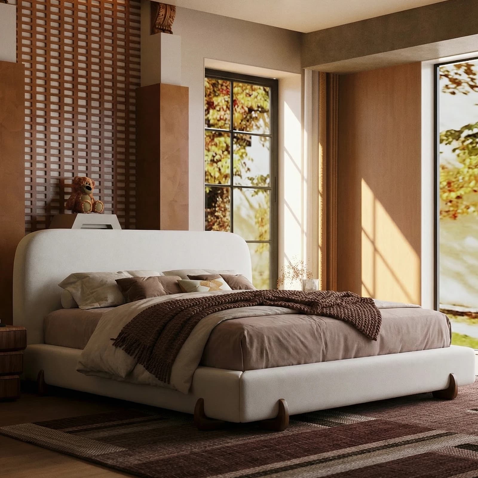 King Size Cloud Bed Frame, White Upholstered Platform Bed Frame with Soft Headboard, Wood Solid Legs, No Box Spring Required, Easy Assembly