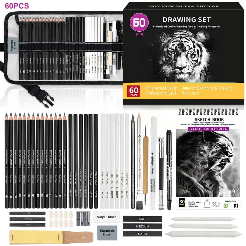 60 Pcs Professional Drawing Kit Sketching Pencil Set,Sketch Pencils Art Supplies with 3-Color Sketchbook,Graphite,Charcoal