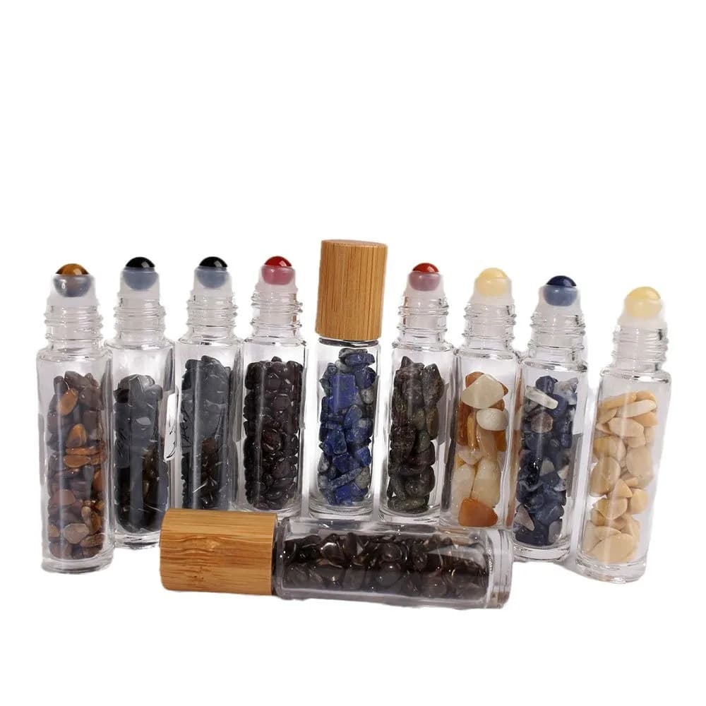 Diffusore di oli essenziali Rotolo di vetro trasparente da 10 ml su bottiglie di profumo con pietra di quarzo di cristallo naturale schiacciata, sfera di cristallo Wo