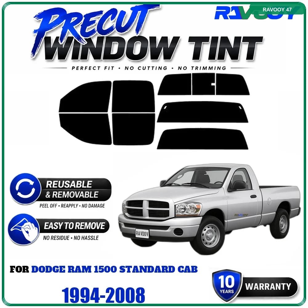 RAVOOY Precut Window Tint, Reusable Removable EPU Film, Custom Fit for Dodge Ram 1500 Standard Cab 1994-2008, UV Heat Protection