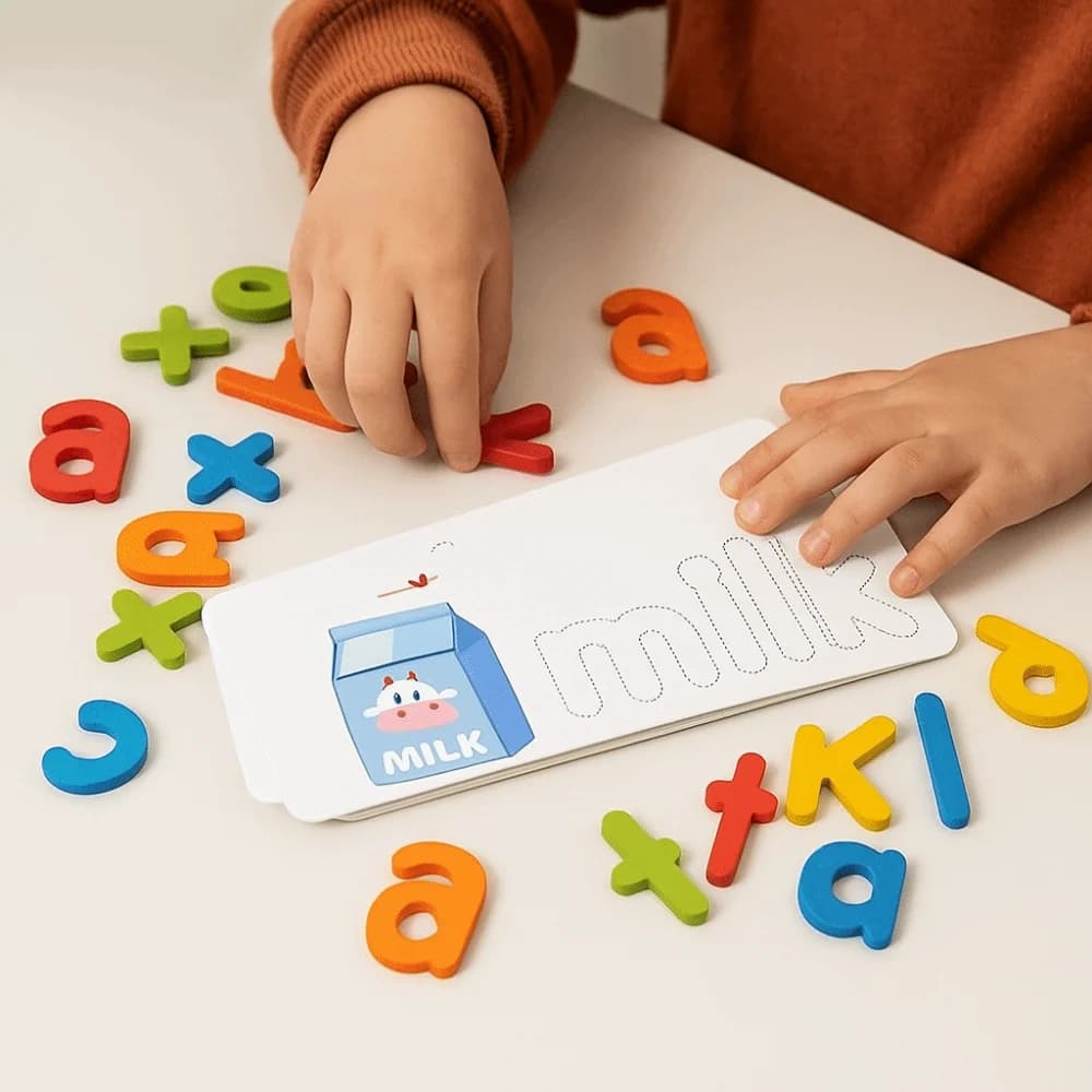 Gioco di Ortografia in Legno con 26 Lettere Inglesi, Blocchi con Motivi su Entrambi i Lati, Gioco Educativo Cognitivo IQ