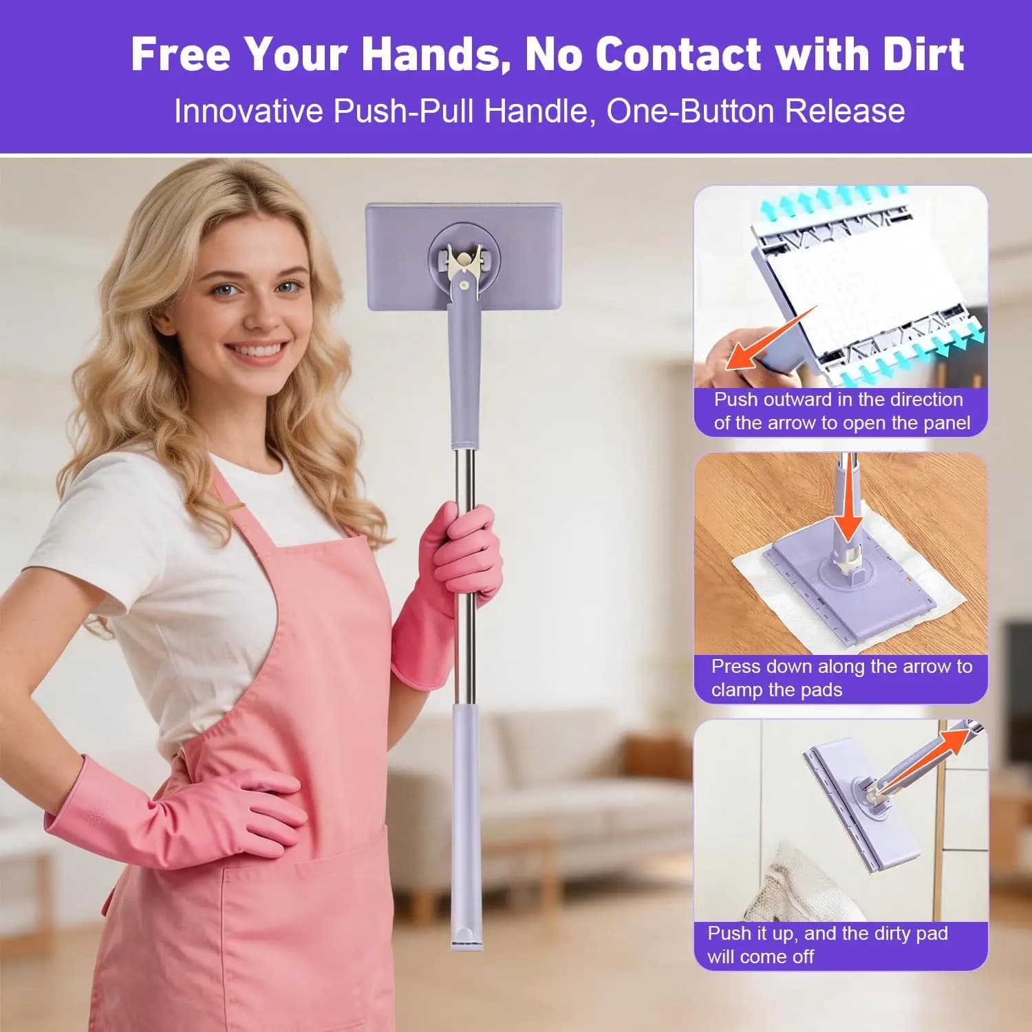 Snap Grip Mini Mop,Cloth Changing 36 inch Automatic Gripping Zero Touch Mini Grip Mop Compatible with Swiffer & Face Towels 360 Rotating Mops for Whole House Cleaning(36-Purple)