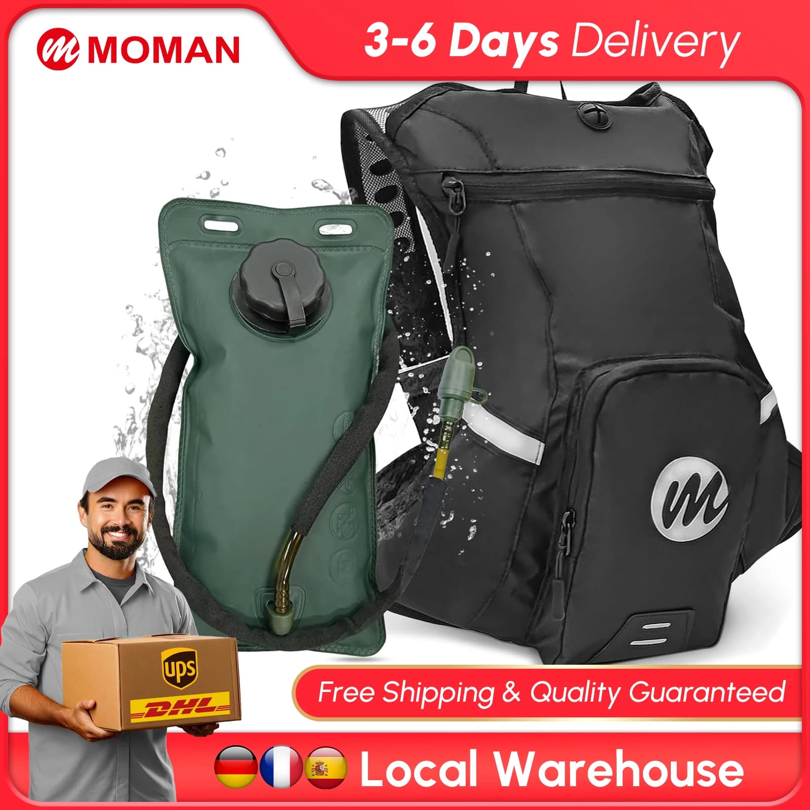 【US STOCK】Moman Hydration Backpack with 2L Water Bladder, 600D PU Durable Hiking Backpack for Hiking/Running/Cycling