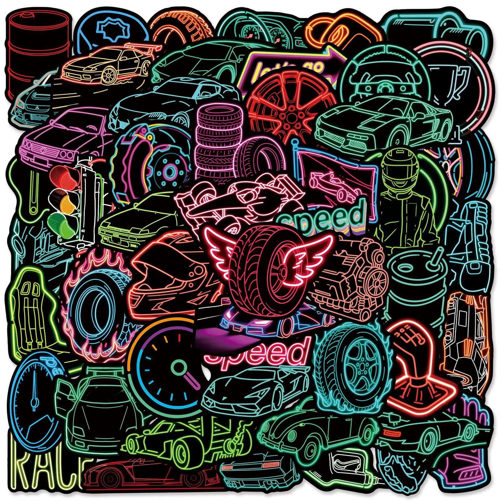 50 Pezzi Adesivi Divertenti Neon a Tema Auto da Corsa, Decorazioni Fai-da-Te per Laptop, Frigorifero, Telefono, Quaderno