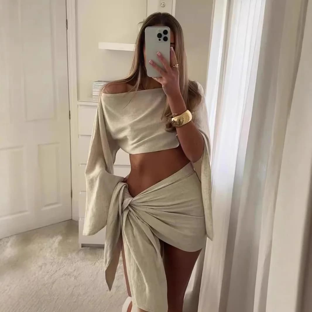 Top short in cotton linen for summer holidays by white women Set of 2 pieces Fashionable white miniskirt Beach dresses New Lady