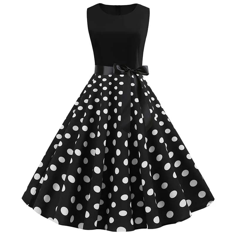 Black Polka Dot Sleeveless Summer Dress Vintage Pin up A-Line Casual Robe Femme Women's Party Vestidos
