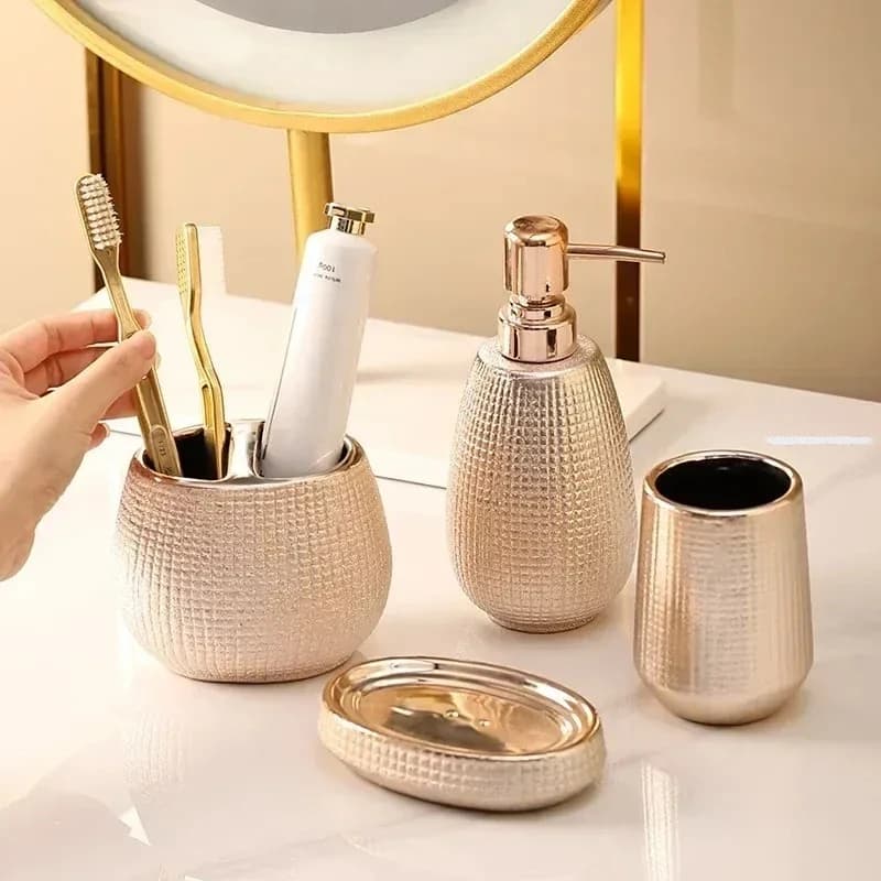 Kit in oro rosa Set di accessori per il bagno Set di lusso completo in ceramica portasapone portaspazzolino shampoo pompa dispenser bottiglia
