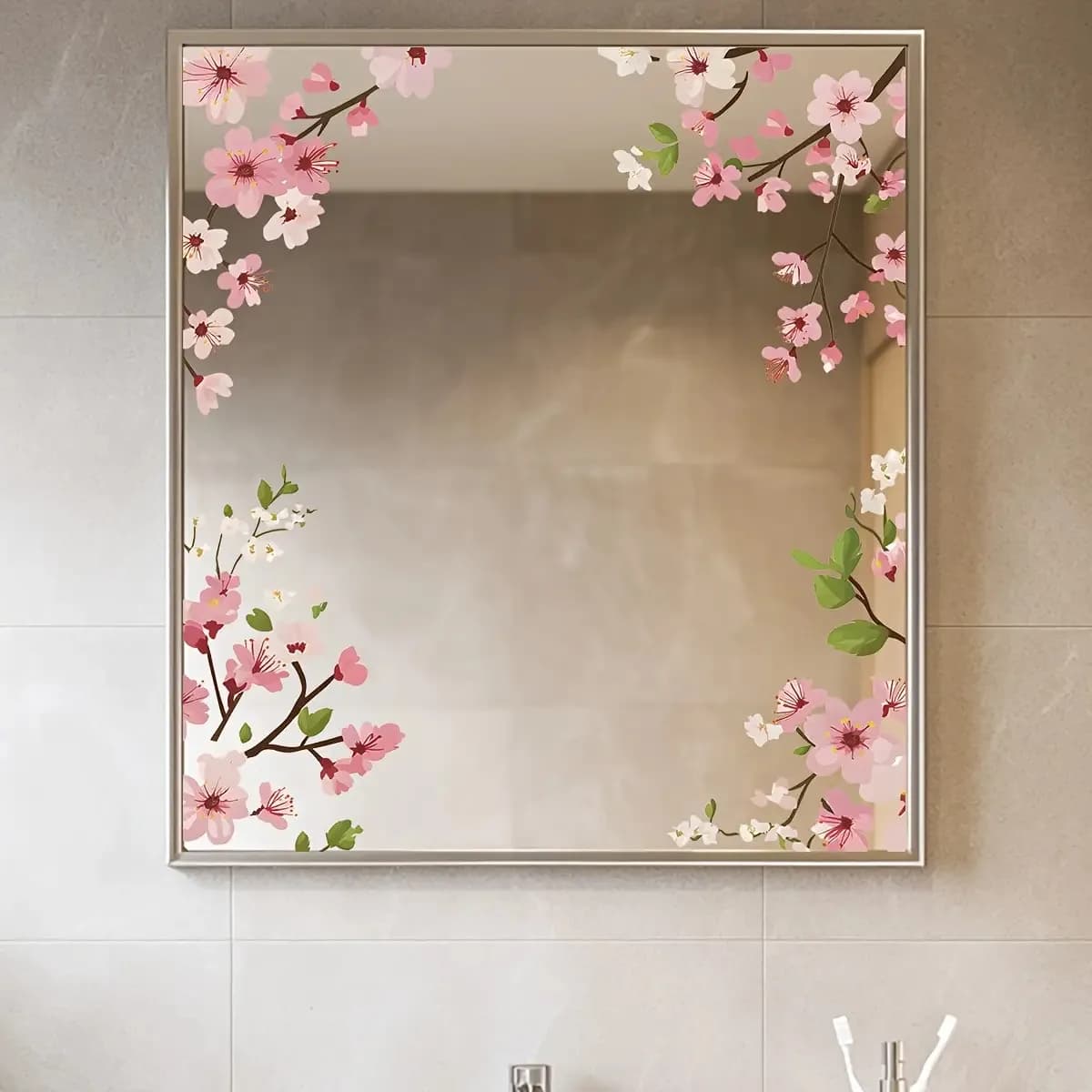1 adesivo da parete a forma di specchio con fiori di pesco rosa, adesivo decorativo per la casa in PVC autoadesivo, adatto per specchi, vetri, camere da letto