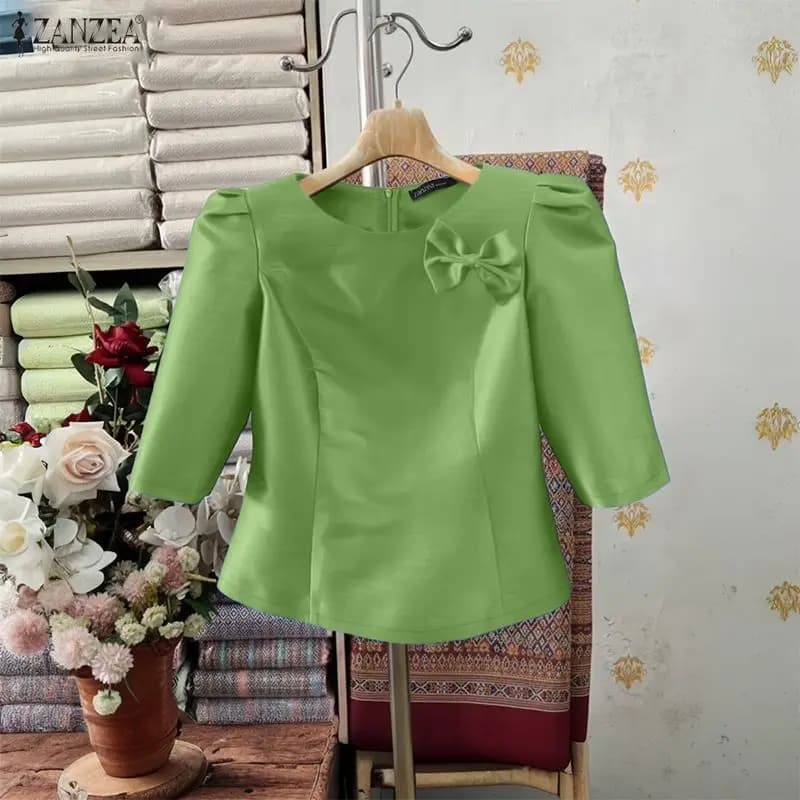 ZANZEA Women's Stylish Satin Shirts Class Mid Sleeve Back with Zipper Slim-Fit Top Short Summer Dresses 3XL