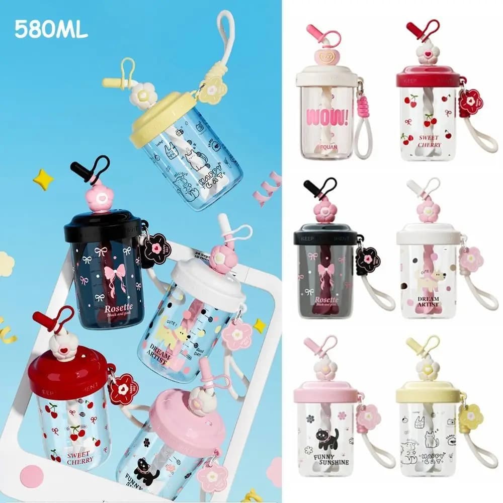 580ML/520ML Water Bottles With Straw Portable Handle Whey Protein Shaker Bottle Leak-proof Straw Dust Cap
