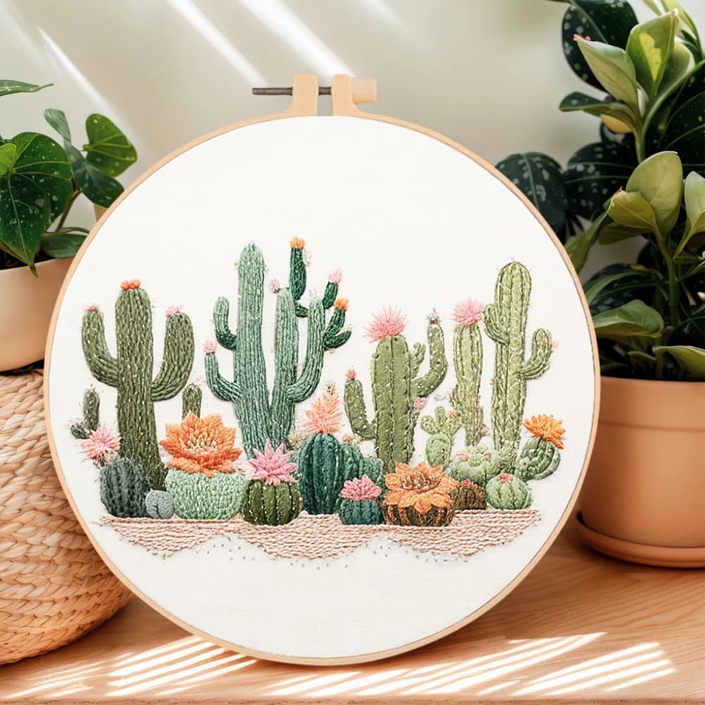 Momoart Embroidery Kit With Hoop Cactus Flower Pattern Hand Sewing Kit Embroidery For Adults Beginners Handmade Gift Wall Decor