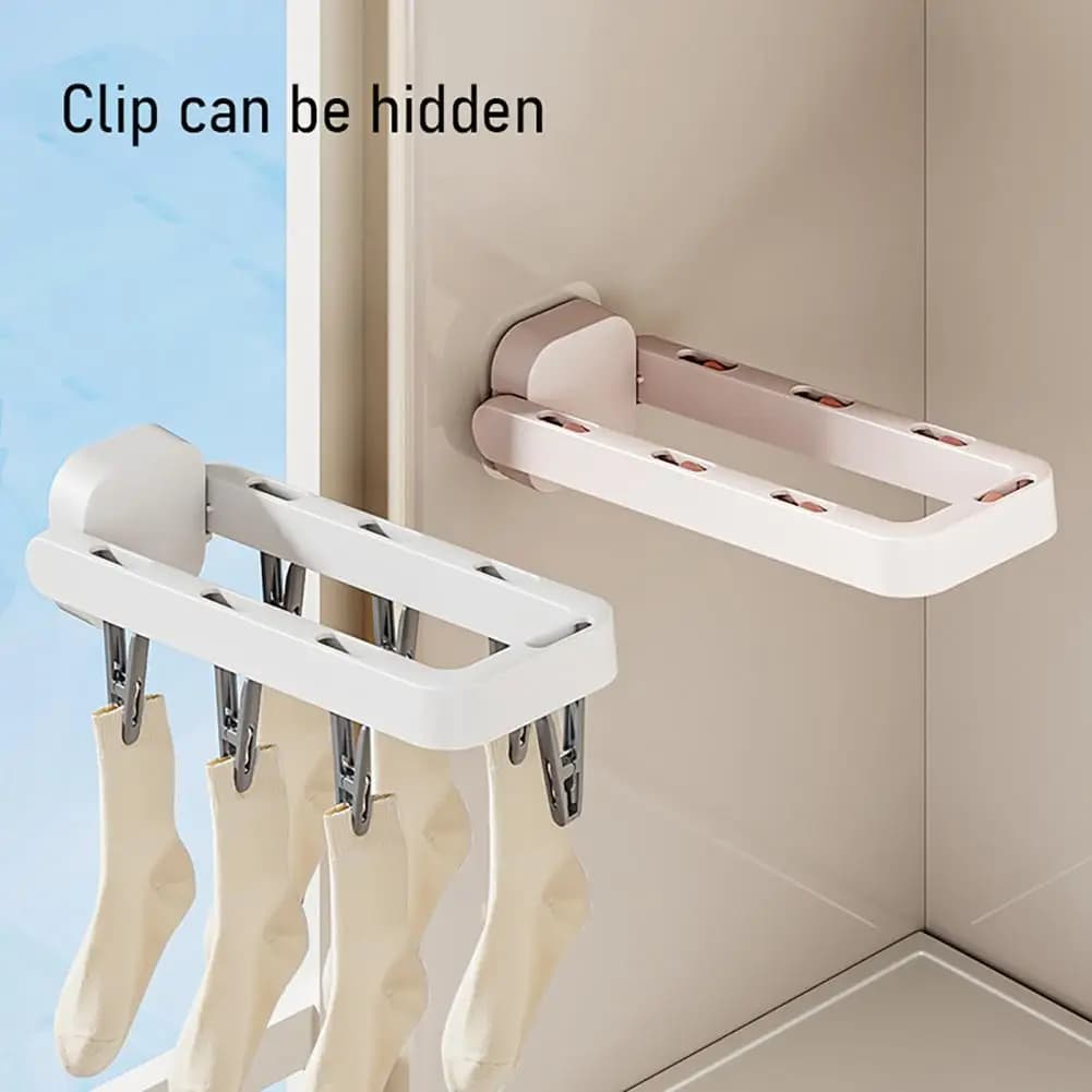 Foldable Laundry Drying Rack with 6 Clips Wall Mount Suction Cup Sock Hanger Space Saving Clothes Organizer for Socks Towels