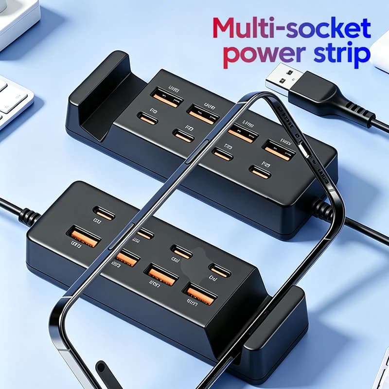 8 IN 1 USB Charger Station 4 USB-A 4 USB-C Fast Charger Multi Ports Power Strip Adapter Socket With Cable HUB For Home Office