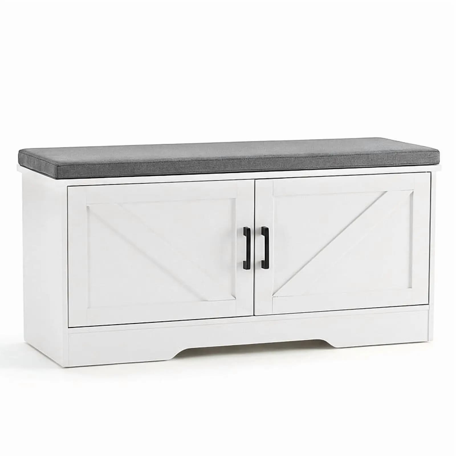 39 Inch Shoe Storage Bench，Shoe Organizer Cabinet with Padded Seat Cushion, 4 Doors, Adjustable Shelf for Entryway, White
