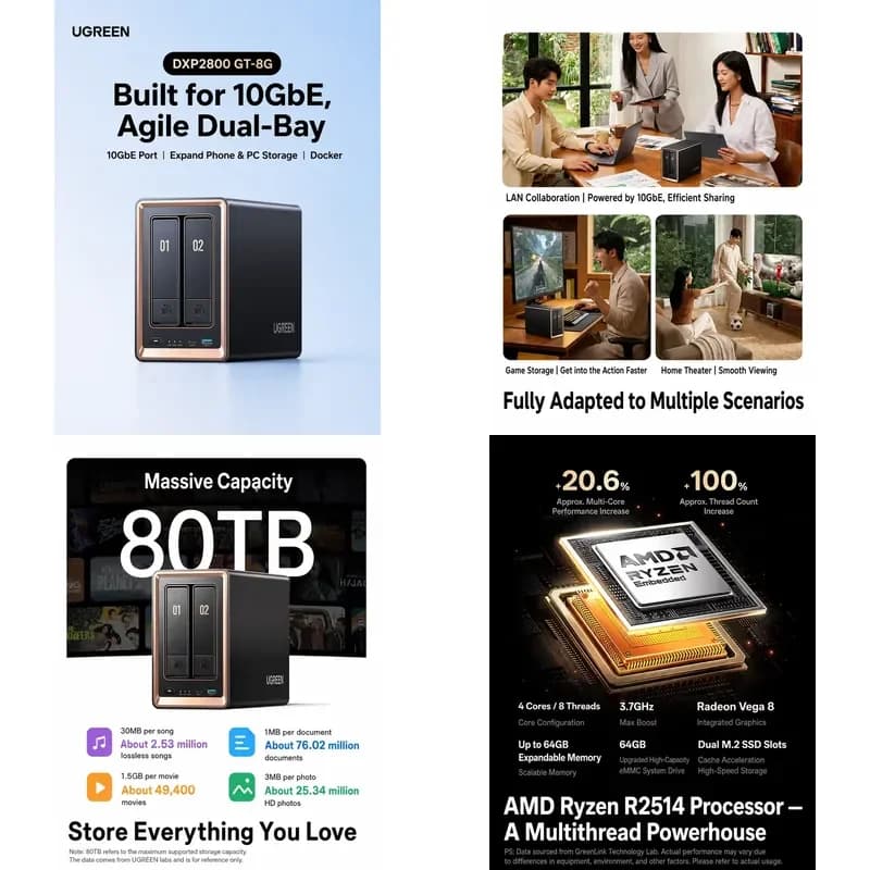 Brand for UGREEN DXP2800GT NAS Storage, 8GB Dual-Bay Personal Cloud Server, 10GbE Network, Home Storage System For