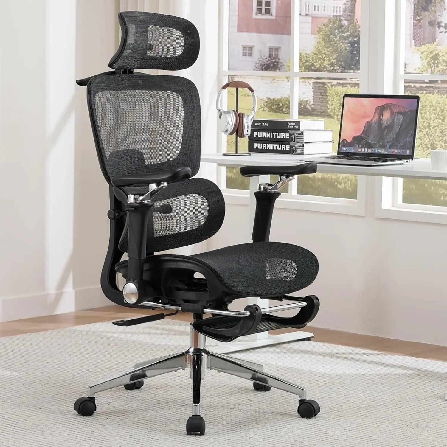 Sedia da Ufficio Ergonomica in Rete con Braccioli 6D, Sedia da Gaming con Schienale Alto, Supporto Lombare e Poggiatesta Regolabile per Scrivania Domestica