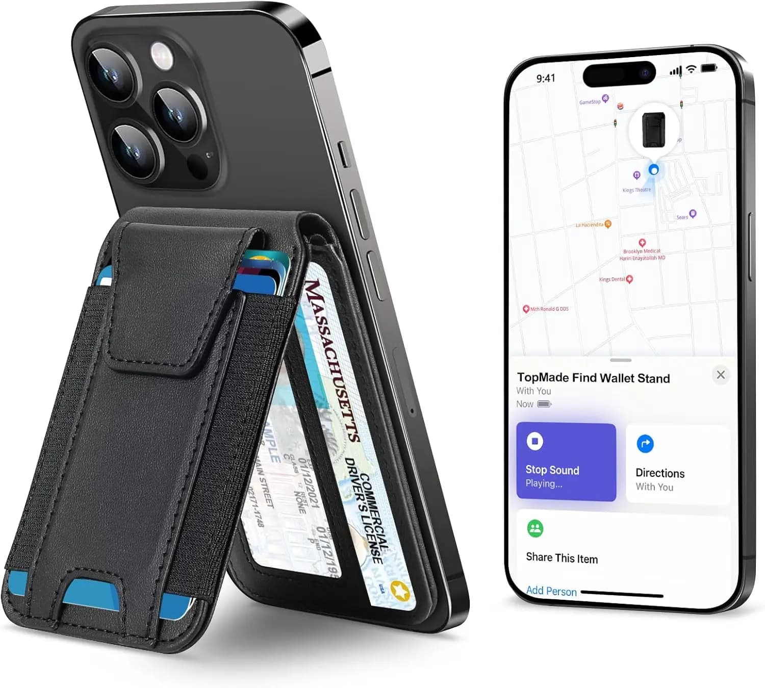 Portafoglio Magnetico per Telefono con Supporto Find My, Porta 9 Carte, Supporto Regolabile e Blocco RFID per Serie iPhone