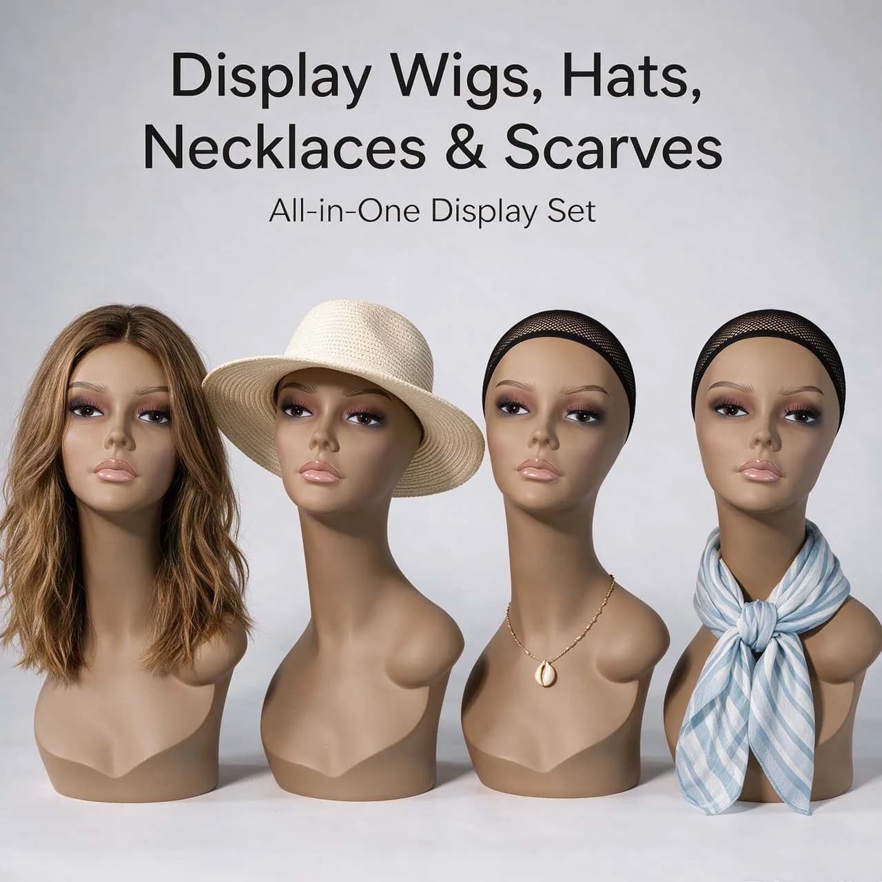 4PC Mannequin Bust Head PVC Realistic Makeup Manikin With Shoulder Dummy Head for Wigs Hats Scarves Necklace Jewelry Salon Display Photography Prop