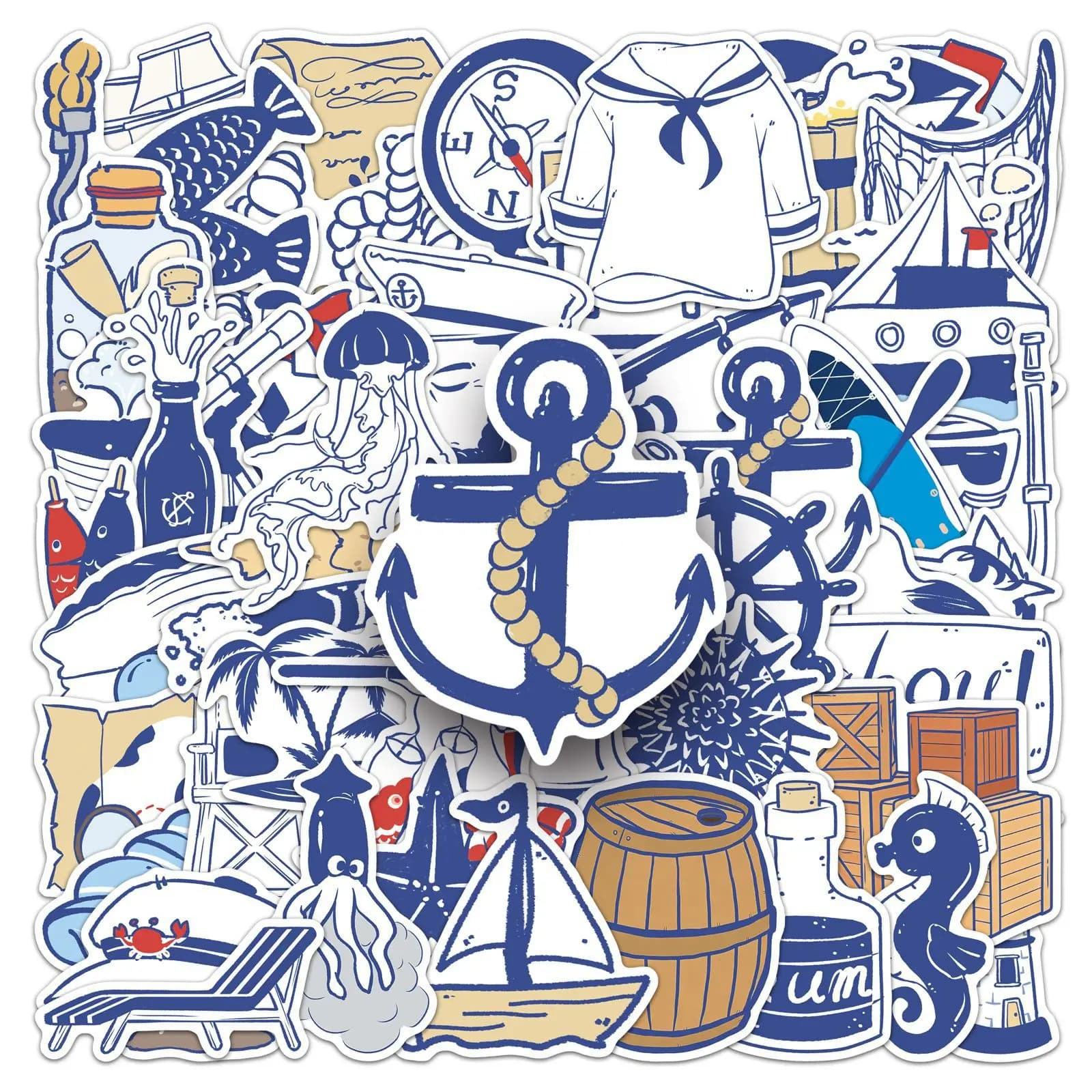 50-100PCS Navy Nautical Aesthetic Stickers-Hand-Drawn Sailing Adventure Blue Waterproof Vinyl Decals for Laptop Notebook