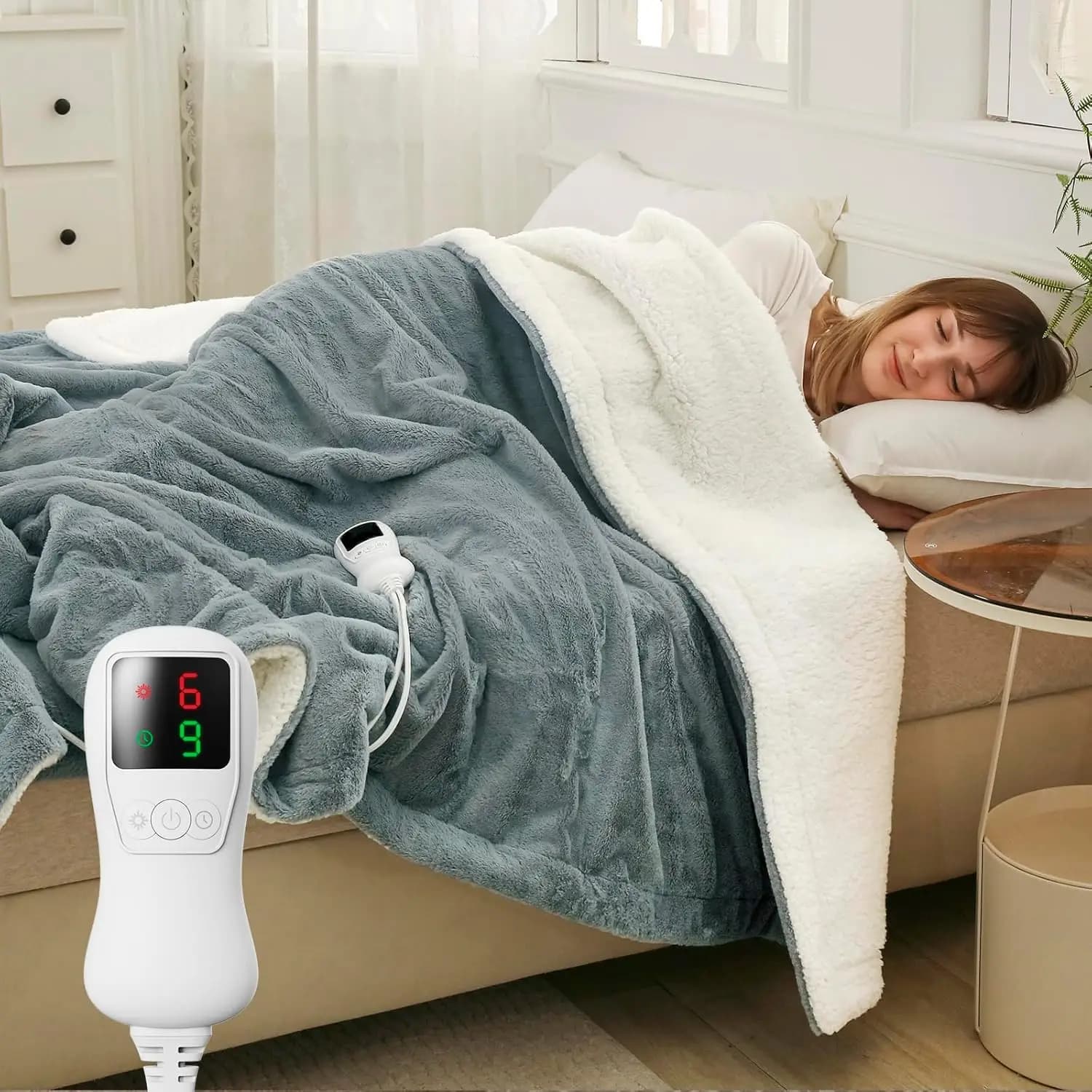 Coperta Elettrica Riscaldata a Dimensione Intera con 9 Livelli di Calore, Spegnimento Automatico e Protezione dal Surriscaldamento, Super Morbida in Finta Pelliccia, Grigia 72x84 Pollici